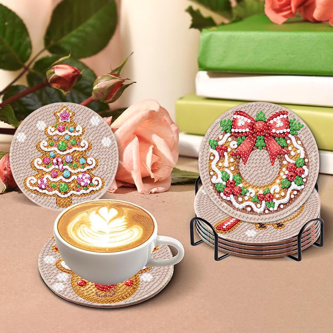 8 Pcs Diamond Art Coasters for Adults,5D DIY Diamond Painting Coasters Kit with Holder,Easy Christmas Diamond Painting for Beginners,Holiday Decor. Amzdiyfun