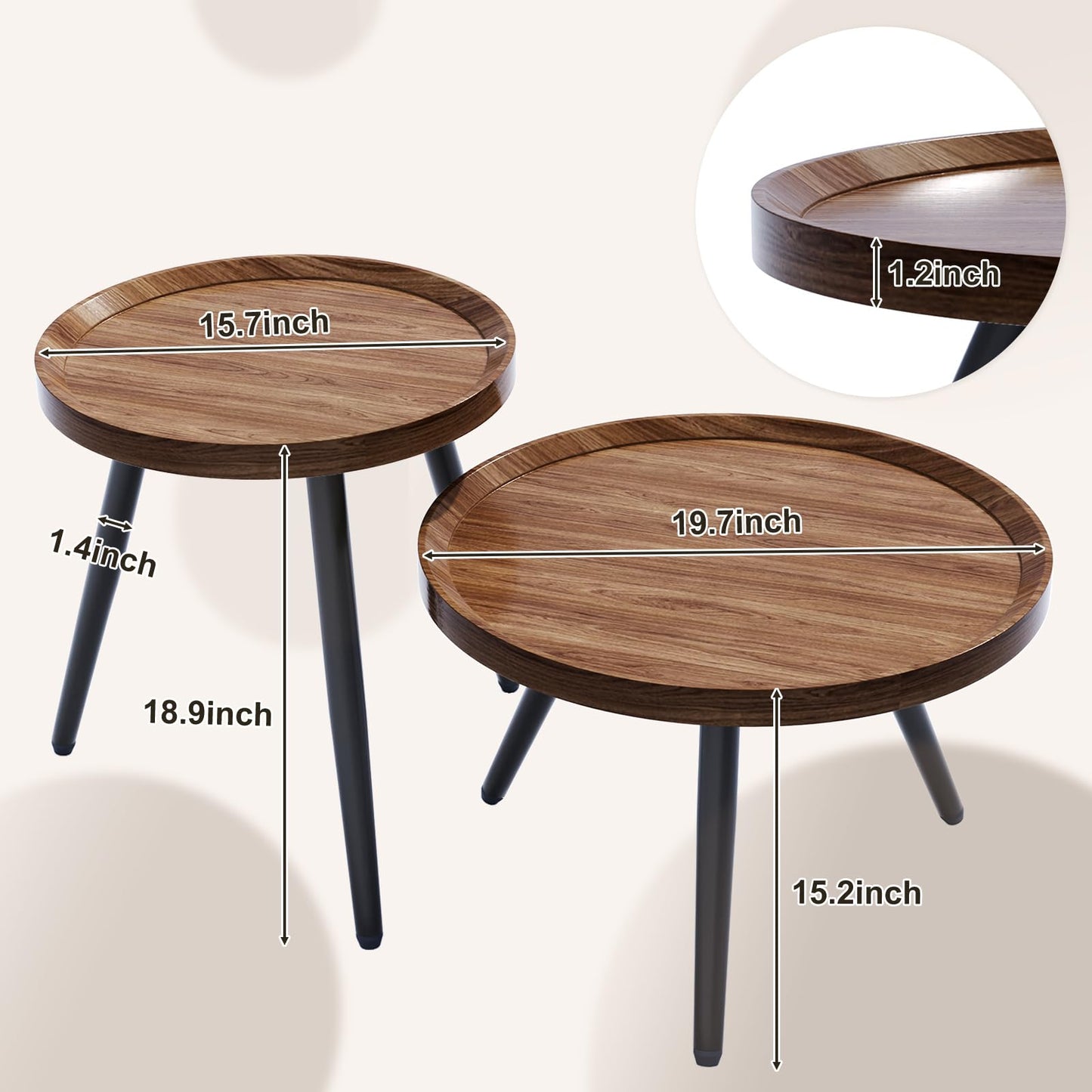 2 PCS Walnut Round Coffee Table, Small Nesting Coffee Table, Mid Century Modern Coffee Table, Easy Assembly Circle Coffee Tables Living Room, Minimalist Nesting Coffee Table Set of 2, Natural Wood