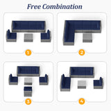 SUNVIVI OUTDOOR 7 Piece Patio Furniture Sets All Weather Grey PE Wicker Couch Sofa with Glass Table, Removable Navy Blue Cushions SUNVIVI OUTDOOR