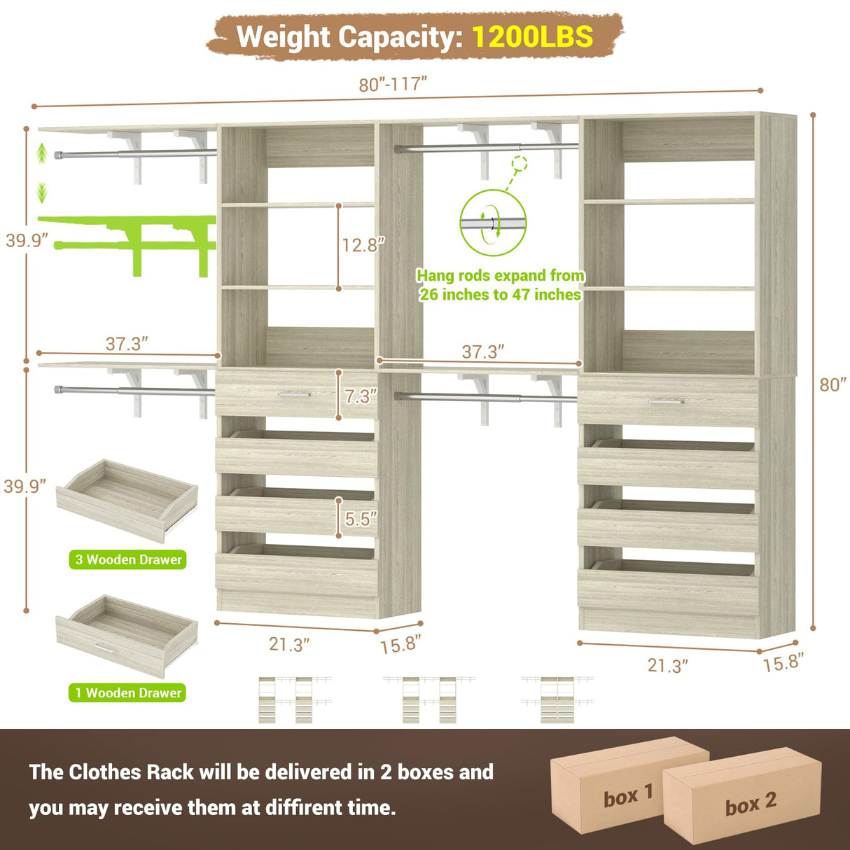 Aheaplus Closet System with 8 Wooden Drawers, Wood Closet Organizer System with Tower, Walk-in Closet Organizer Wardrobe Clothes Rack with 4 Hanging Rods, Garment Rack, Cut to Fit 7-12Ft, White Oak Aheaplus