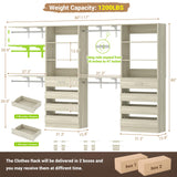 Aheaplus Closet System with 8 Wooden Drawers, Wood Closet Organizer System with Tower, Walk-in Closet Organizer Wardrobe Clothes Rack with 4 Hanging Rods, Garment Rack, Cut to Fit 7-12Ft, White Oak Aheaplus