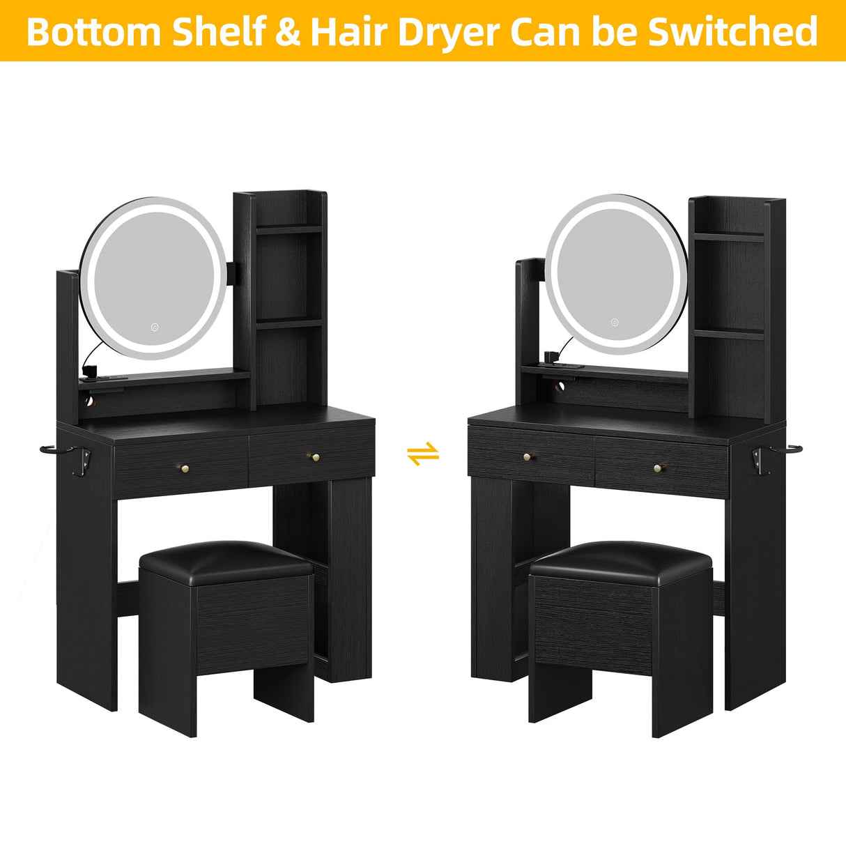 DWVO Makeup Vanity Desk with LED Lighted Mirror, Black Vanity Set with Charger Station, Small Spaces Vanity Table for Bedroom, Adjustable 3 Lighting Modes, Makeup Table with Chair for Girl, 31.5in(L) DWVO