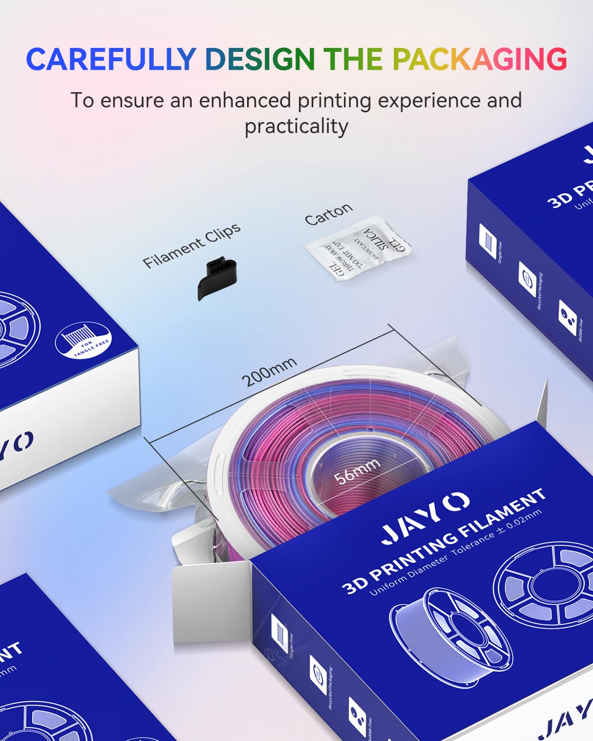 JAYO Silk Rainbow PLA+ Filament 1.75mm, Shiny Multicolor 3D Printer Filament, Fast Color Changes Every 8 Meters in Pink-Yellow-Blue-Green, 1.1kg/2.4lbs JAYO