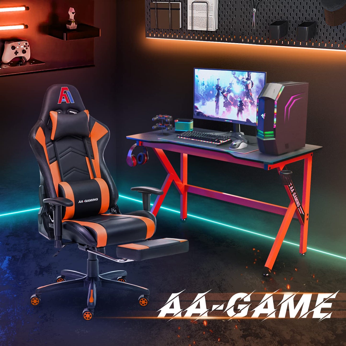 AA Products Gaming Chair Ergonomic High Back Computer Racing Chair Adjustable Office Chair with Footrest, Lumbar Support Swivel Chair - BlackOrange