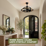 Industrial Caged Ceiling Fan with Lights, 27" Farmhouse Fandelier with Remote Control, 6-Speed Quiet Reversible Motor, E12 Base, Rustic Black and Wood Finish, No Bulbs Included Fansconce