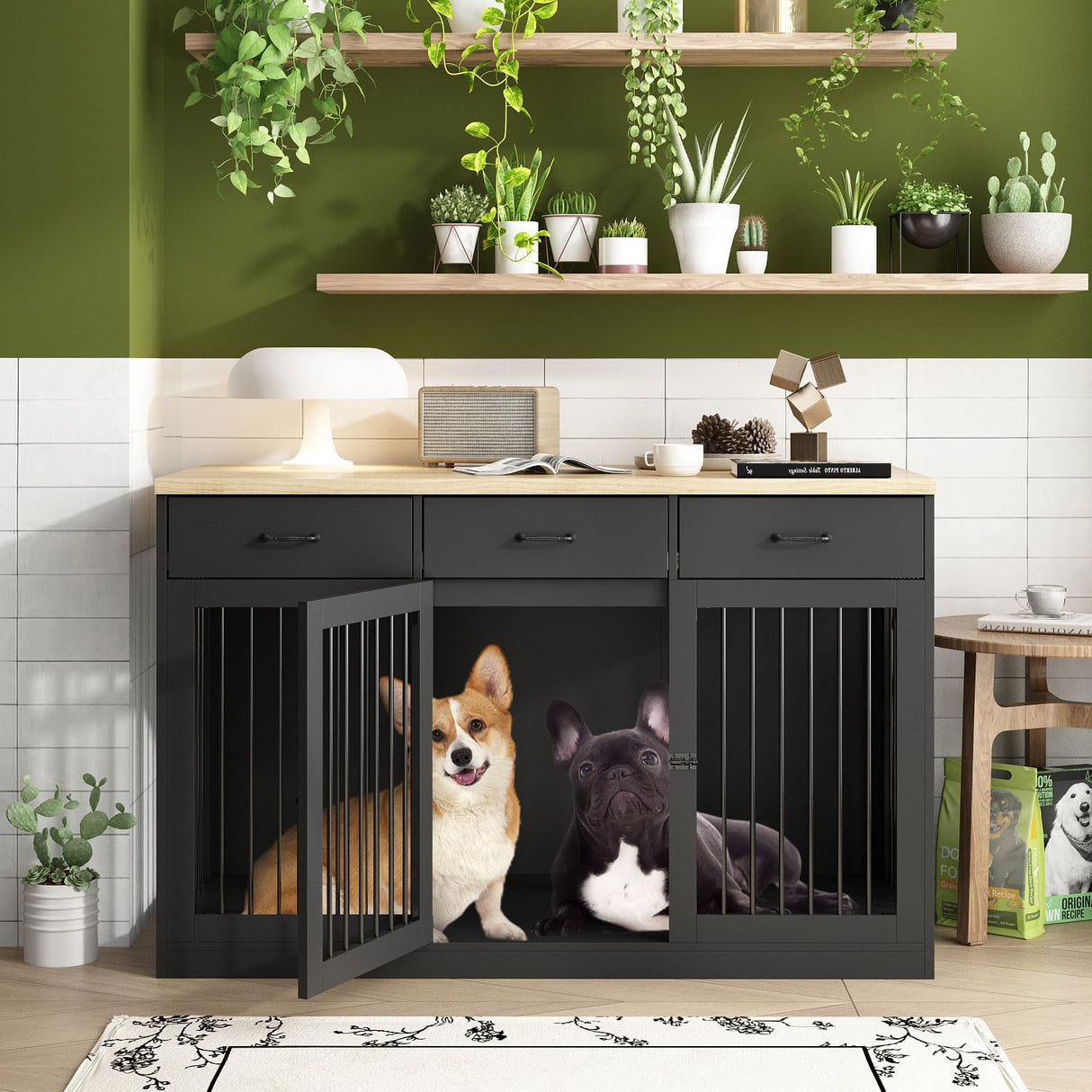 DAWNSPACES Extra Large Dog Crate Furniture with 3 Drawers, Indoor Heavy Duty Dog Kennel House, 55.3" Furniture Style Dog Crate Side End Table TV Stand for XL Large Medium Breed Dogs, Black DAWNSPACES