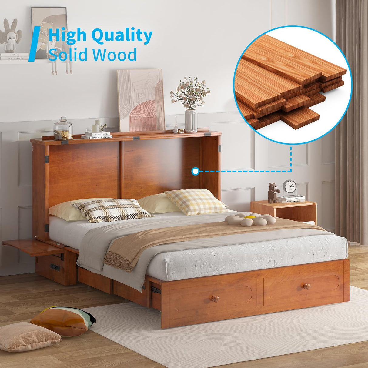 Mjkone Queen Size Murphy Bed Cabinet with Drawers and USB Charging Station, Wooden Versatile Wood Chest Cabinet Wall Bed with Tri-Fold Mattress, Modern Guest Beds for Bedroom Home Apartment - Cherry Mjkone