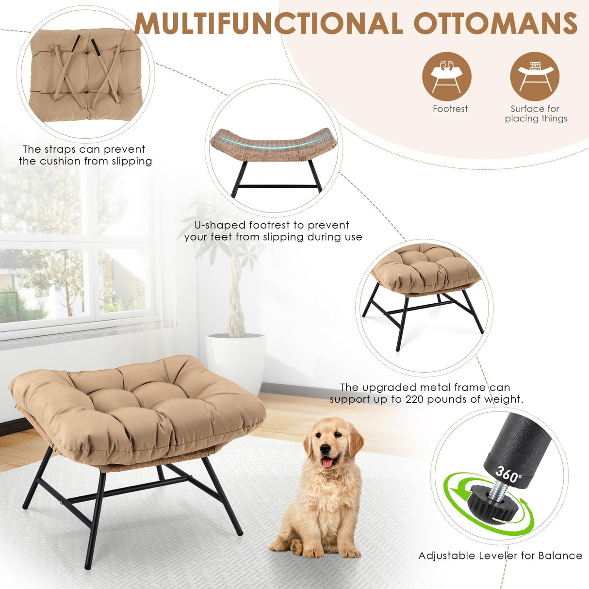 RADIATA Egg Chair with Footrest, Wicker Patio Lounger with Ottoman, Oversized Rattan Egg Shaped Chair with Leg for Indoor Outdoor Patio Balcony Garden (Nature) RADIATA