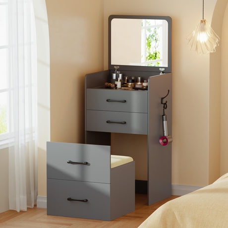 Gurexl 3 in 1 Vanity Desk with Flip Top Mirror,Small Make Up Vanity Set with Visible Glass Desktop,Cushioned Tool,Dressing Table for Bedroom,Compact Makeup Vanity with 3 Drawers,Grey Gurexl
