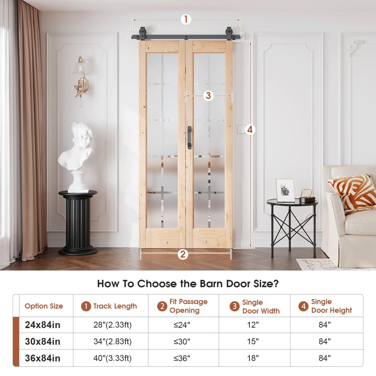 Preassembled Bifold Barn Door 36 x 84 in (Double 18x84in) with Bi-fold Door Hardware Kit, Frosted Glass Cross Transparent, Pre-Drilled Holes, Wood Door Slat, Fit 36in Opening CEAKIAN