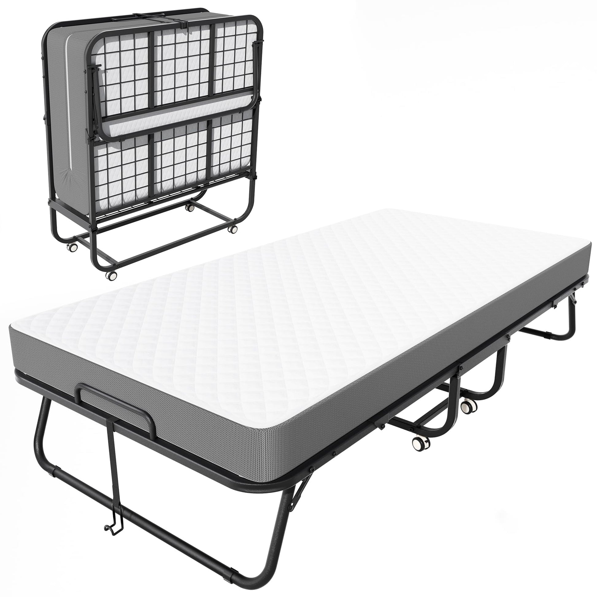 Greenvelly Twin Folding Bed with 5” Memory Foam Mattress - Space-Saving Rollaway Bed in Black - WoodArtSupply