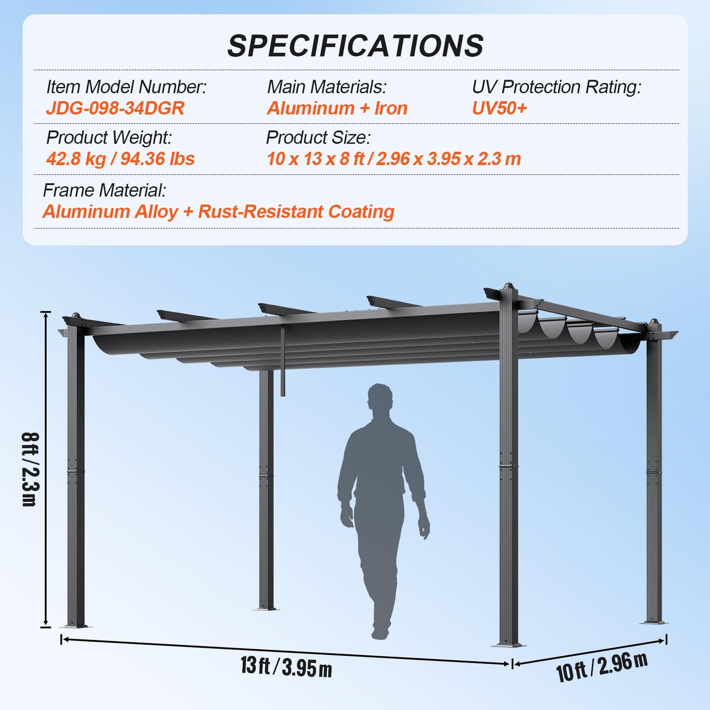 VEVOR 10'x13' Outdoor Retractable Pergola with Canopy, Aluminum Pergola with Retractable Canopy, Modern Pergola with Sun Shade Canopy for Patios, Gardens, Decks, Backyards (Gray)