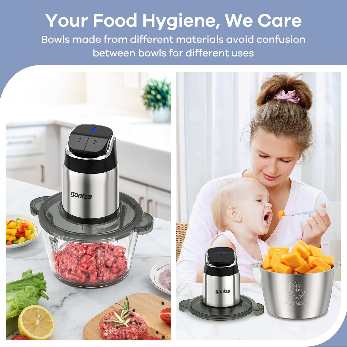 Ganiza Food Processor, 2-Speed Food Chopper Meat Grinder with 8 Cup Stainless Steel & 8 Cup Glass Bowls, Upgraded Button & Smart Overheat Protection Light - Includes Clean Brush, 2 Sets of Blades Ganiza