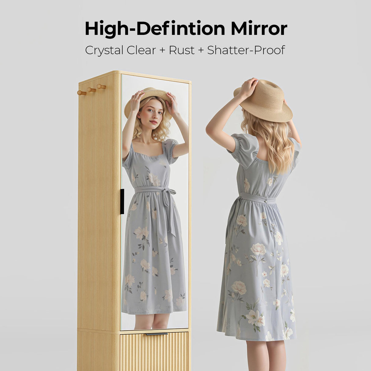 IRONCK 360° Swivel Jewelry Cabinet, Jewelry Armoire with Full Length Mirror, Coat Rack and 4-Tier Shelf, Standing Jewelry Organizers with 2 Drawers, Oak IRONCK