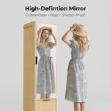 IRONCK 360° Swivel Jewelry Cabinet, Jewelry Armoire with Full Length Mirror, Coat Rack and 4-Tier Shelf, Standing Jewelry Organizers with 2 Drawers, Oak IRONCK