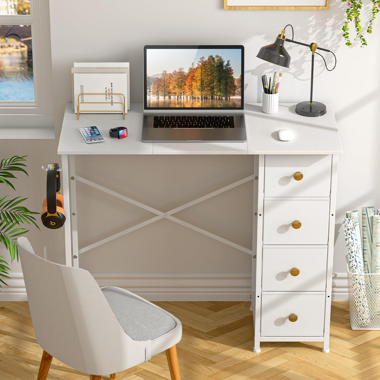 DAOUTIME Small Writing Desk with 4 Fabric Drawers, 35.4 Inch Computer Desk for Home Office, Simple PC Desk for Small Places, Kids Girls Teen Study Table for Bedroom Dorm, White DAOUTIME