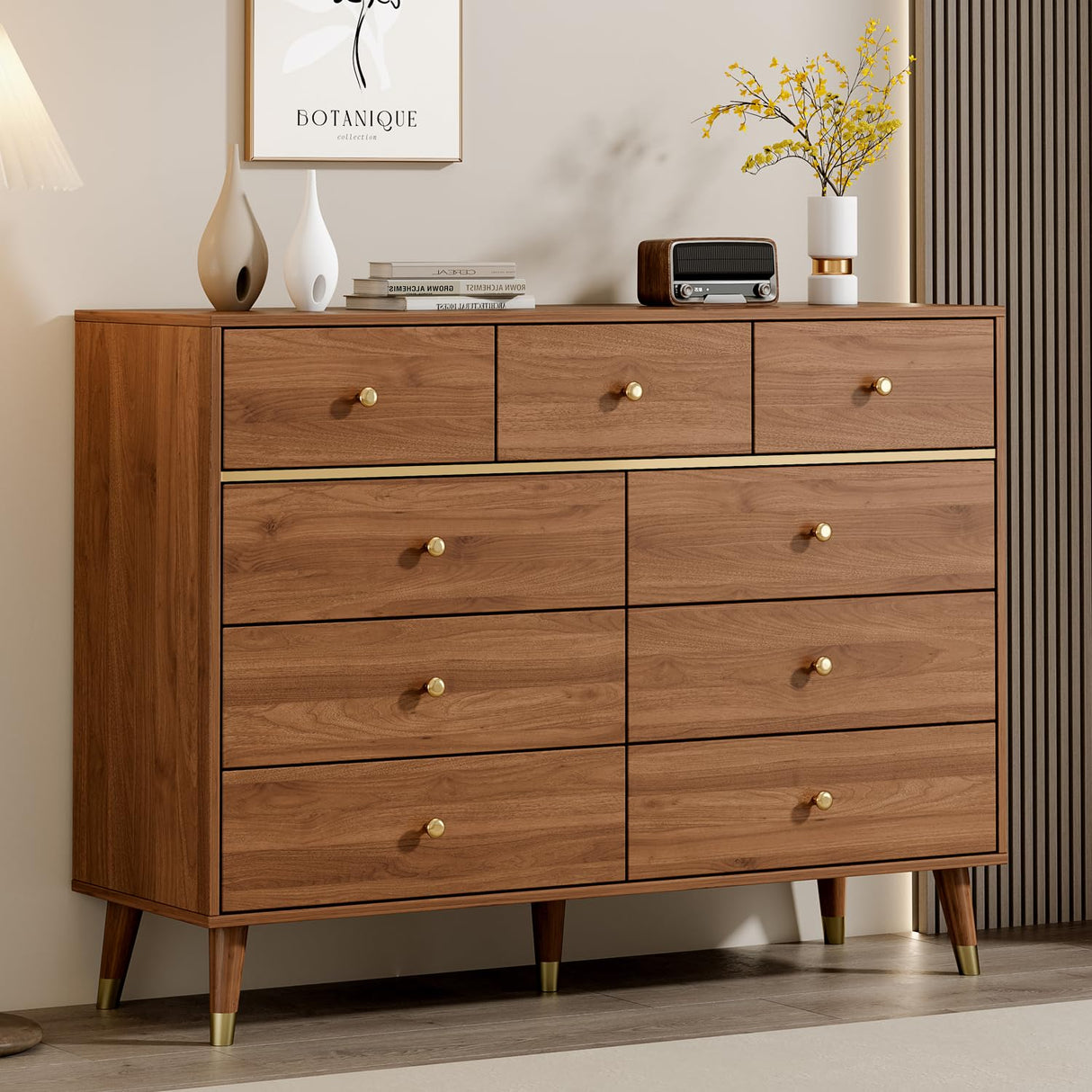 Chrangmay 9 Drawers Dresser for Bedroom,35.4" Tall Wood Rustic Modern Chest of Drawers with Natural Texture,with Anti-Tipping Device, Storage Dressers Organizer for Bedroom, Living Room,Chestnut Chrangmay