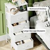 Somdot White Nightstand with Charging Station and LED Light for Bedroom, Tall 4 Drawers Dresser with Fabric Bins for Bedside Kids Dorm Room Closet Laundry Entryway, White Leather Somdot
