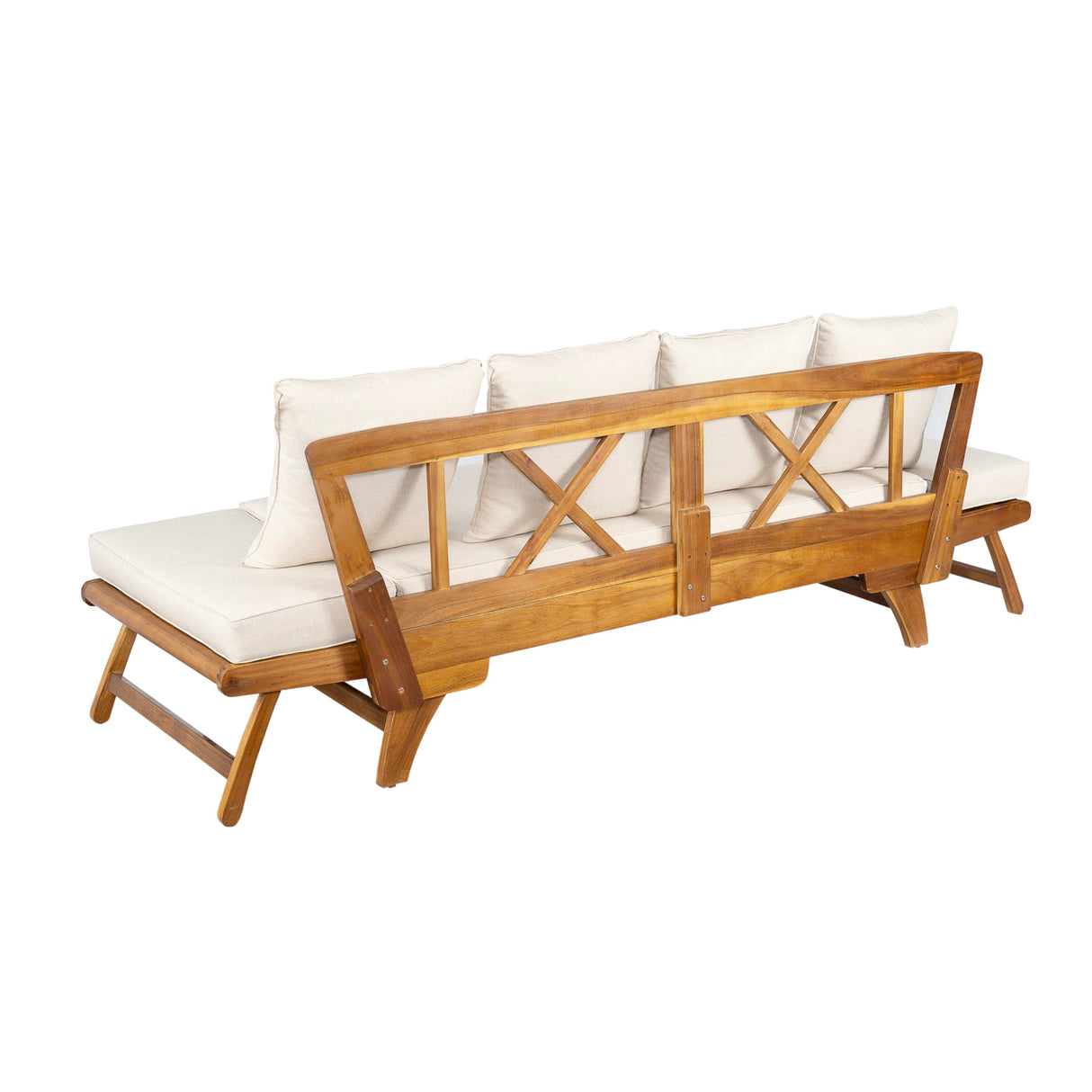 Christopher Knight Home Gary Patio Convertible Couch, Wooden Outdoor Daybed, 3-Seater Acacia Wood Patio Furniture Lounge Sofa for Backyard/Poolside/Garden, Back Pillow+Removable Cushion, Teak+ Beige Christopher Knight Home