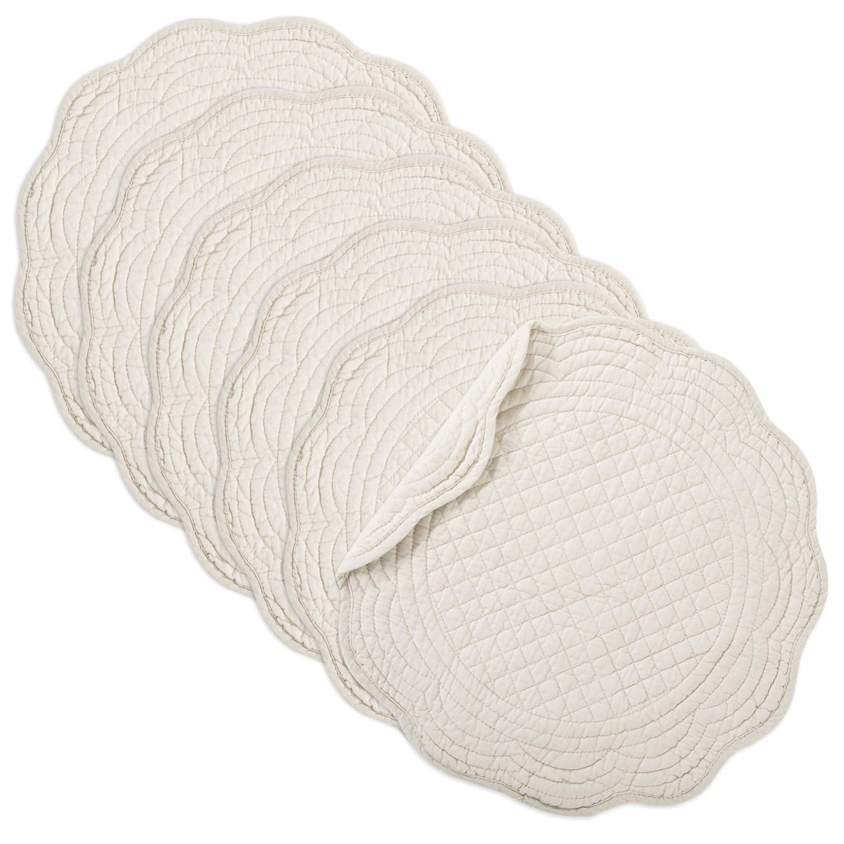 BALAPET Quilted Placemats Set of 6, 100% Cotton 14" Table Mats Farmhouse Style, Reversible Round Tabletop with Scalloped Edges for Kitchen Dinner Party Holidays, Natural, Machine Washable BALAPET