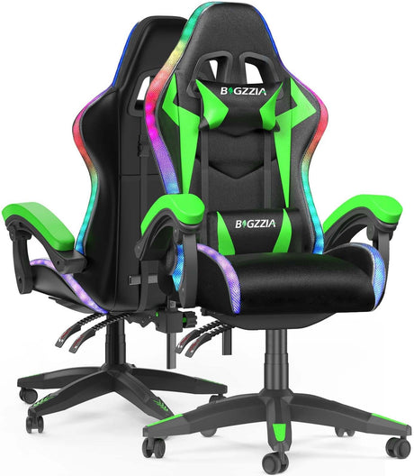Bigzzia RGB Gaming Chair with LED Lights and Ergonomic Computer Chair Reclining PU Leather High Back Video Game Chair with Headrest Adjustable Lumbar Support Linkage Armrest for Adults (Black/Green) Bigzzia