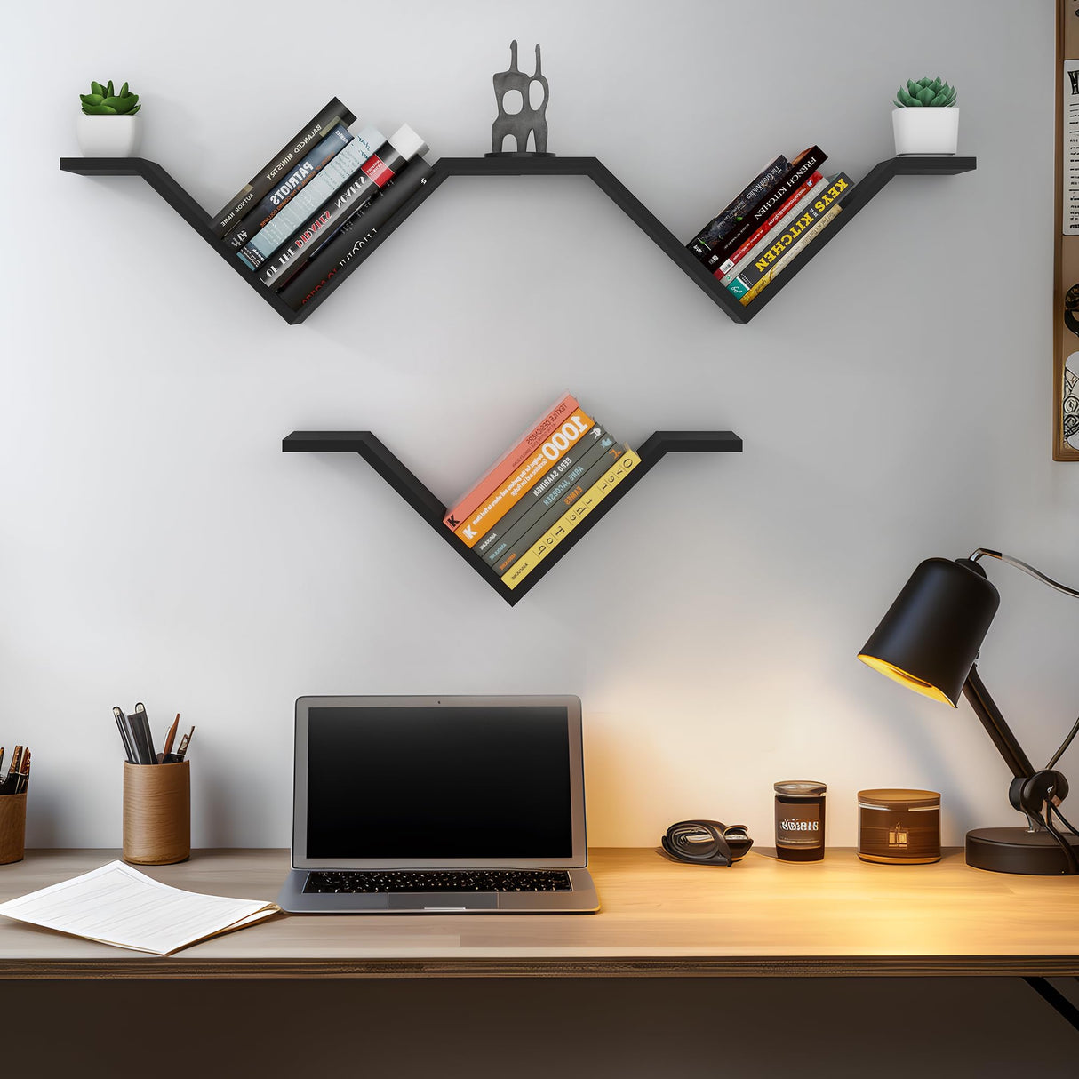Mazjoaru Book Shelf for Wall Set of 2, Modern Hanging Bookshelf Wall Mounted Desktop Book Shelves Black Organizer for Bedroom Livingroom Office Mazjoaru
