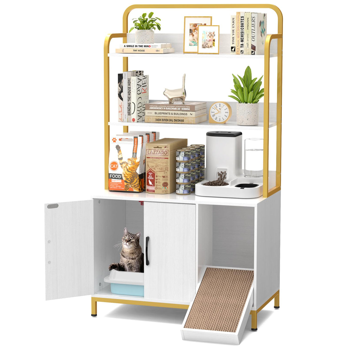 Easycom Cat Litter Box Enclosure Furniture with Shelves, Indoor Litter Box Furniture, Hidden Litter Box with Storage, Wooden Cat House with Cat Scratching Pad, Fit Most Cat Litter Box EasyCom