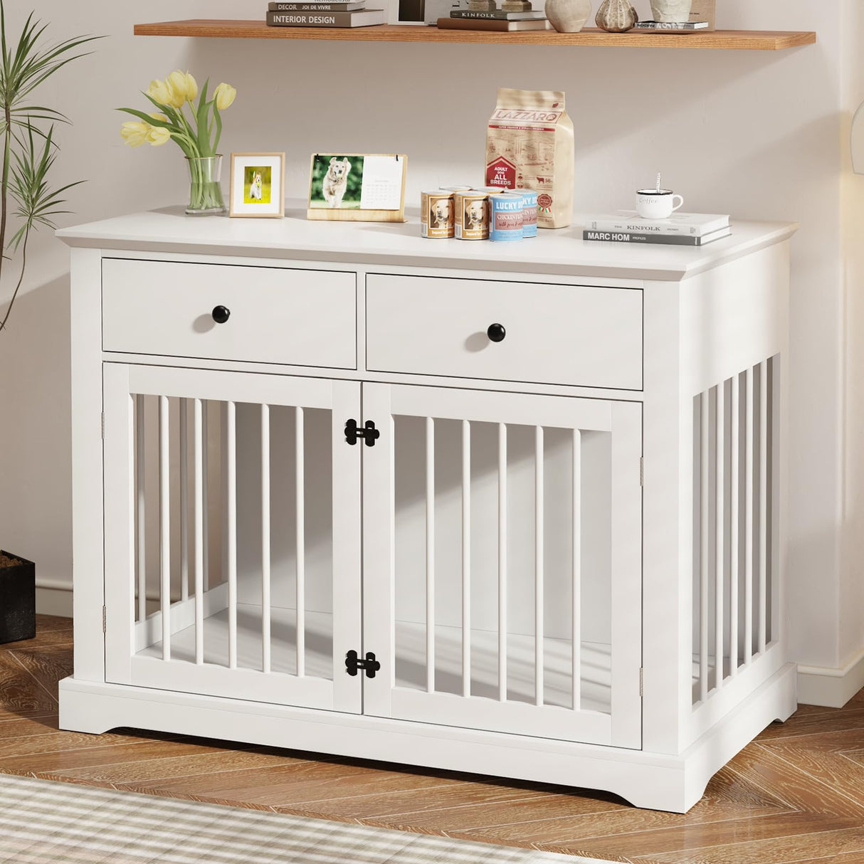Dog Crate Furniture, 44 Inch Wooden Dog Kennel Furniture Indoor with 2 Storage Drawers, Heavy Duty Large Dogs Crate Furniture, Cage & House Furniture for Small Medium Large Dogs, White VENDORZ