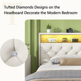 HOMBCK King Bed Frame with LED Lights, Velvet Upholstered Platform Bed with Storage Headboard and Charging Station, King Bed Frame with Diamond Design, Wood Slats Support, No Box Spring Needed, White HOMBCK