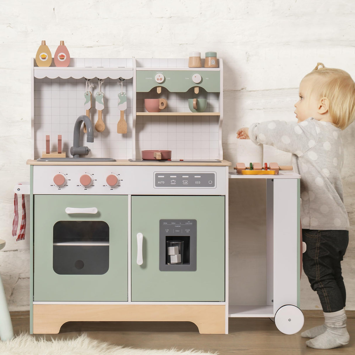 ROBOTIME Wooden Kitchen Playset, Kids Play Kitchen with Ice Maker, BBQ and Dishwasher. Pretend Toddler Kitchen with Lights & Sounds for Ages 3+ ROBOTIME