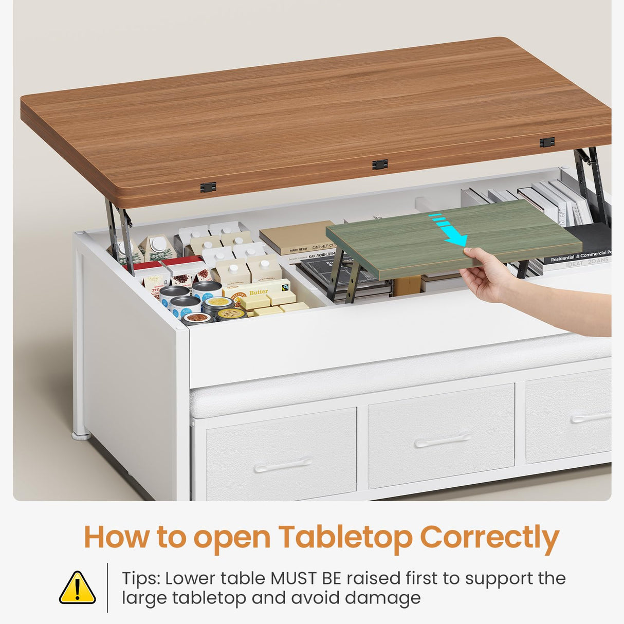 Itaar Lift Top Coffee Table Set, 43'' Multi-Function Coffee Table with Storage Drawers and Hidden Compartment, Center Table with Ottoman Bench for Living Room, White Itaar
