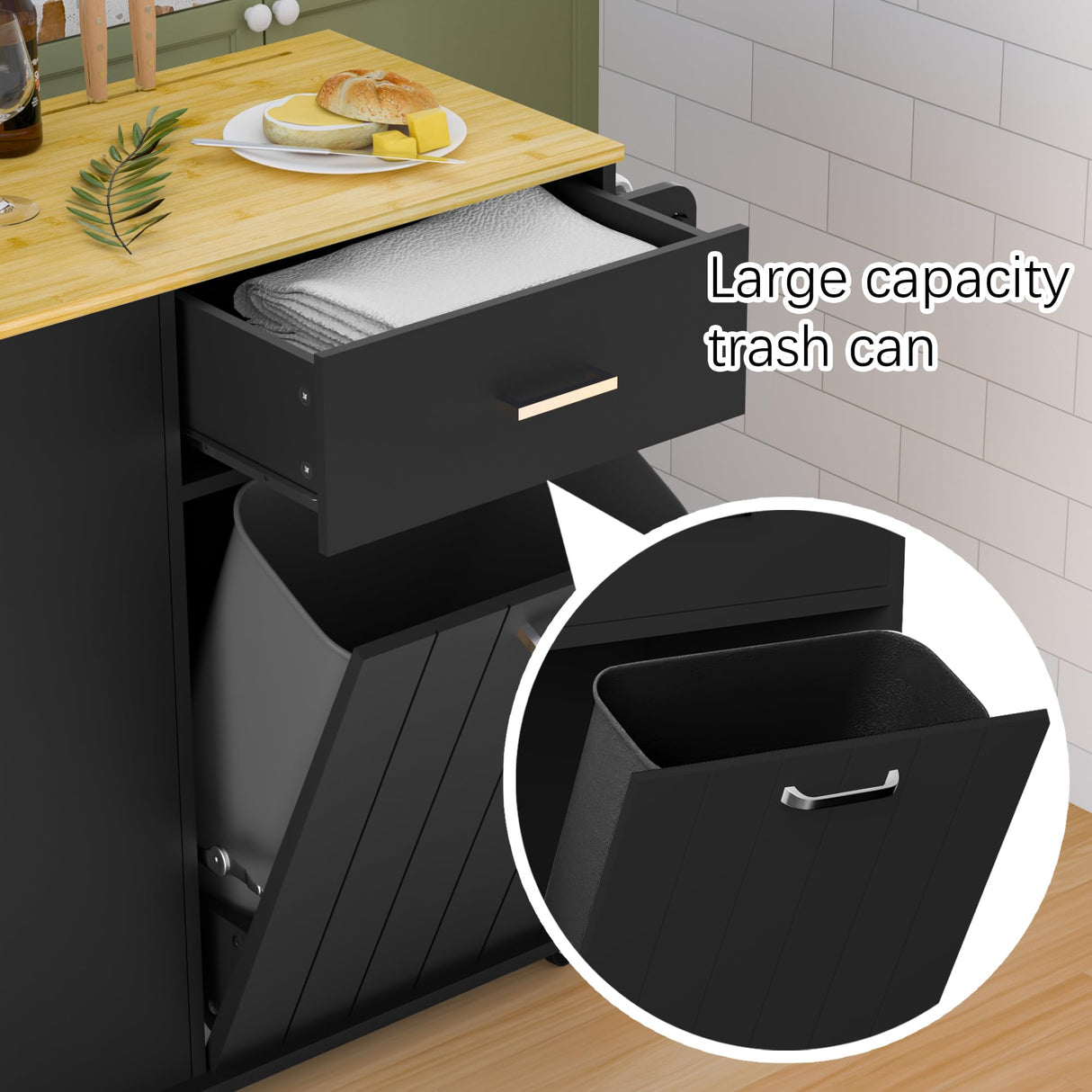 HQZX Rolling Kitchen Island with Trash Can Storage, Portable Kitchen Island on Wheels with Towel Rack & Spice Rack, Tilt Out Trash Can Cabinet with Drawer, Mobile Kitchen Island Cart for Kitchen Black HQZX