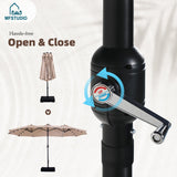 MFSTUDIO 15ft Double Sided Patio Umbrella with Solar Lights, Outdoor Large Umbrellas with Crank Handle and 36 LED Lights, Rectangular Market Umbrella with Base Included for Deck Pool Shade, Beige MFSTUDIO