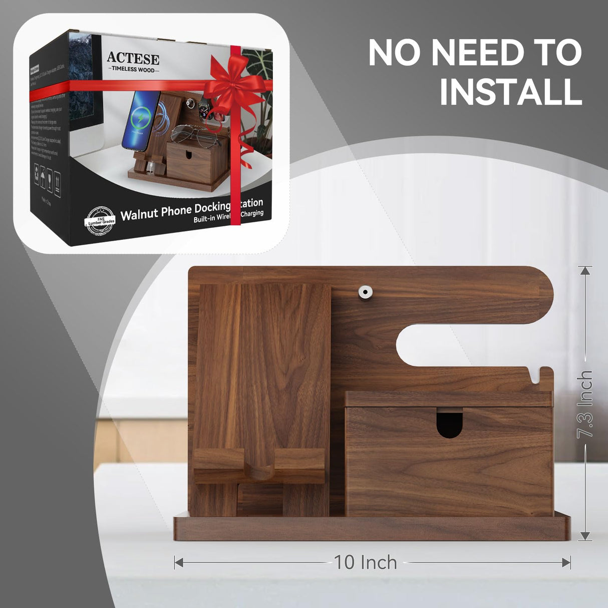 Walnut Wood Phone Docking Station with Wireless Charging, Nightstand Organizer for Men & Women, Compatible with iPhone/Samsung/Apple Watch/AirPods, Gifts for Dad, Husband, Anniversary, Birthday ACTESE