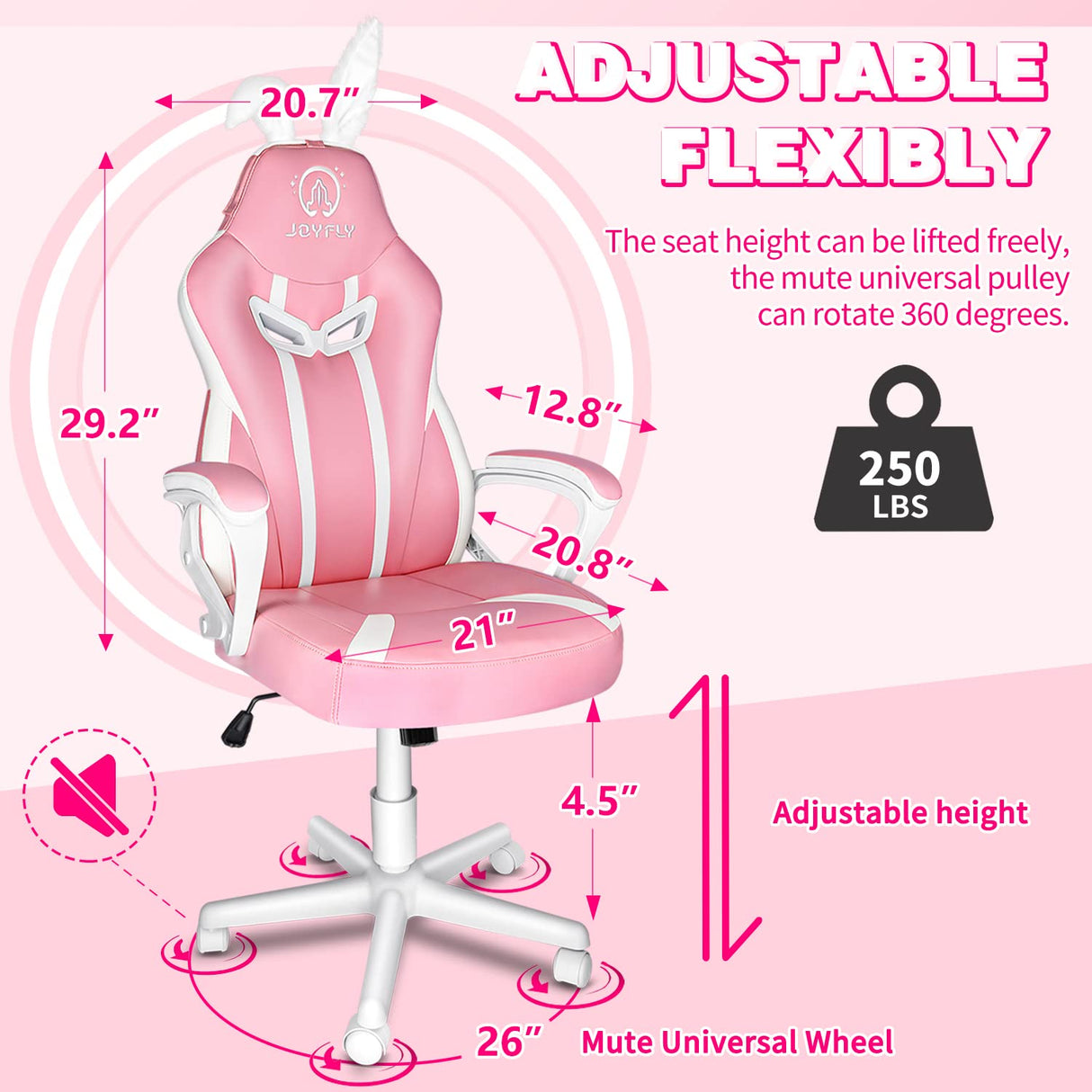 JOYFLY Pink Gaming Chair with Bunny Ears, Cute Chair for Kids, Girl Gaming Chair for Adults, Ergonomic Video Office Gamer Chair, Kawaii Silla Gamer Computer Chair for Girlfriend, Sister, Wife (Pink) JOYFLY