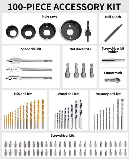 AVID POWER Drill Bit Set, Titanium Twist Brad Point Drill Bits for Drill/Driver, Drill and Screwdriver Bits Combo Kit with Case for Metal, Wood, Concrete and Masonry, 100 Pieces - WoodArtSupply