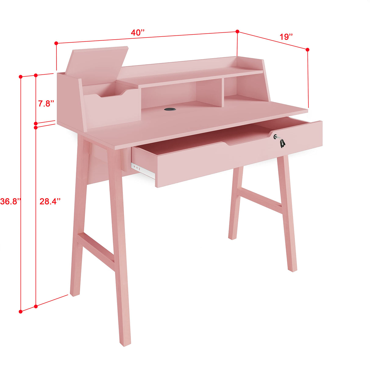 Modern Designs by Crafts and Comfort Roma Elegant Writing Desk - with Storage, Cable Holes & Drawers - Great for use as Workstation and Writing for Students in Bedroom or Dormroom - Pink 40x19x37 Modern Design By Crafts & comfort