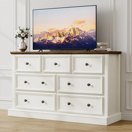 ONBRILL Farmhouse 7 Drawer Dresser for Bedroom, 55" Wide Wood Rustic Chest of Drawers for Bedroom, Storage Dressers Clothes Organizer for Closet, Living Room, Hallway, Dining Room(Vintage White) ONBRILL
