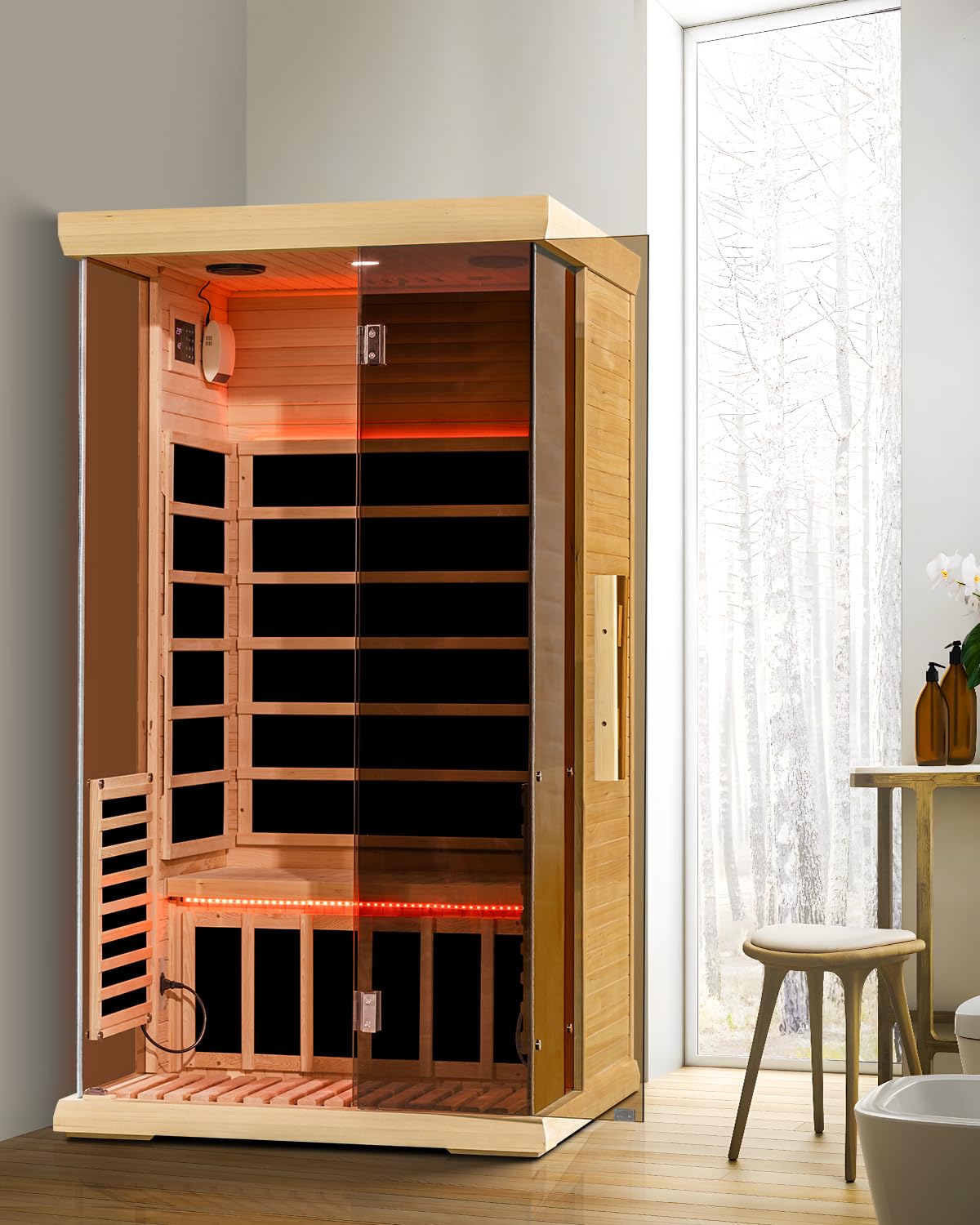 SpaZeit 1 Person Luxurious Far Infrared Sauna for Home Spa, 1700W Low EMF Wooden Dry Sauna Room with Bluetooth Speakers, LCD Control Panel, Tempered Glass Door, 74.76"x40.2"x40.56"