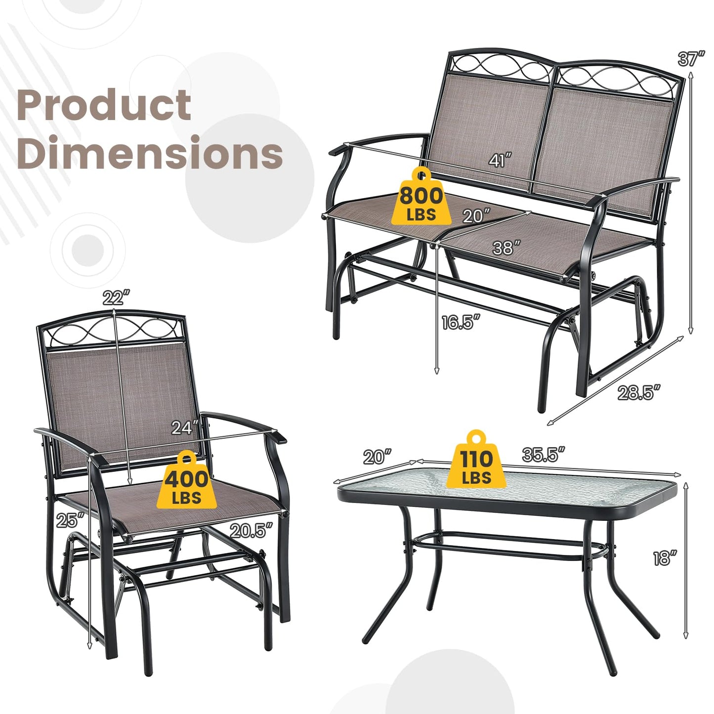 Tangkula 4 Pcs Patio Glider Set, Outdoor Gliding Loveseat w/Tempered Glass Coffee Table, Heavy-Duty Patio Furniture Set for Backyard, Porch, Poolside (4 PCS Patio Glider Set) - WoodArtSupply