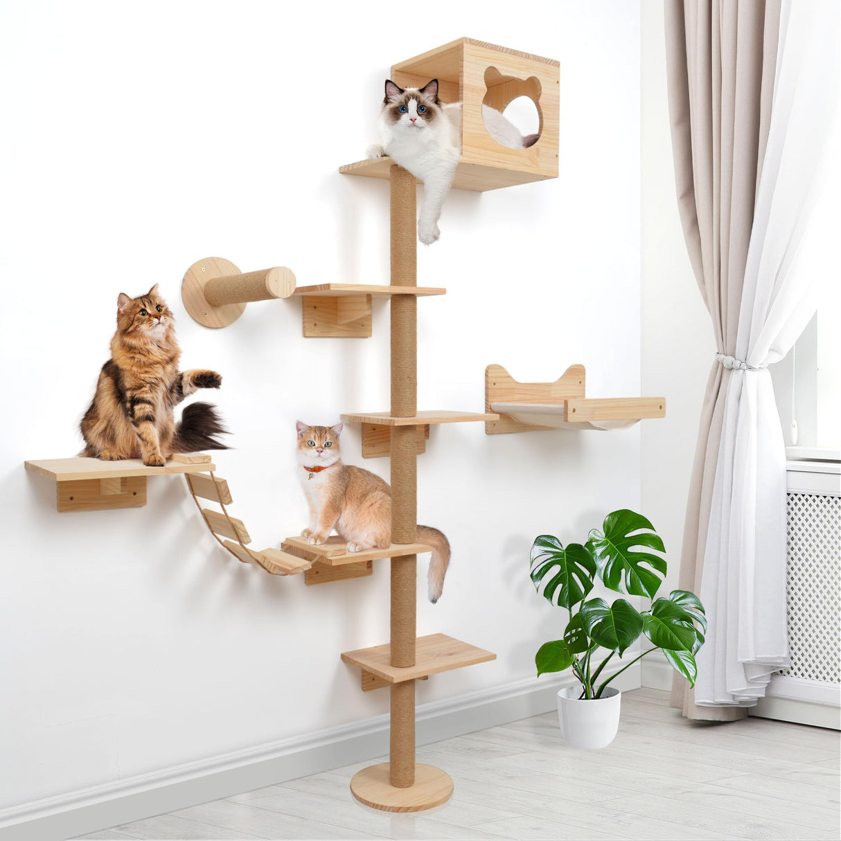 Cat Tree, 74.4 inch Tall Wood Cat Tower with Cat Scratching Post, Cat Cave Condo, Hammock, Cat Tree Tower for Large Cats and Kittens KKHAN