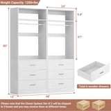 Besiost Closet System Set of 2, 4FT Closet Systems with 6 Wood Drawers, 48" Closet Organizer System with 2 Hanging Rods & 2 Shelves, Heavy Duty 48 Inch Walk-in Closet , White (48"L x 15" W x 80" H) Besiost