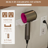 LUXOAK 55'' Farmhouse Vanity Desk with Mirror and Lights, Large Makeup Table with Charging Station, Glass Tabletop & 5 Drawers, Rustic Dressing Table for Bedroom, Antique White LUXOAK