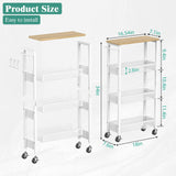 Giwil Slim Rolling Storage Cart 4 Tier Bathroom Organizer Mobile Shelving Unit Utility Cart with Wood Top and Handle for Kitchen Laundry Narrow Places, White Giwil