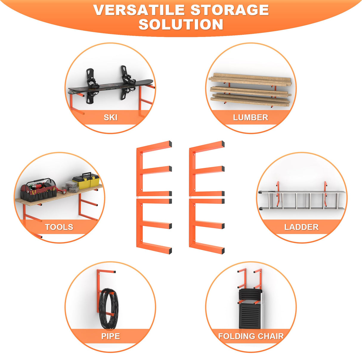 Ultrawall Lumber Storage Rack Wall Mount Wood Storage Racks, Metal Wood Organizer Racks for Shed, Workshop, Garage, Holds Up 220 LBS Per Level (Pack of 4, Orange) Ultrawall