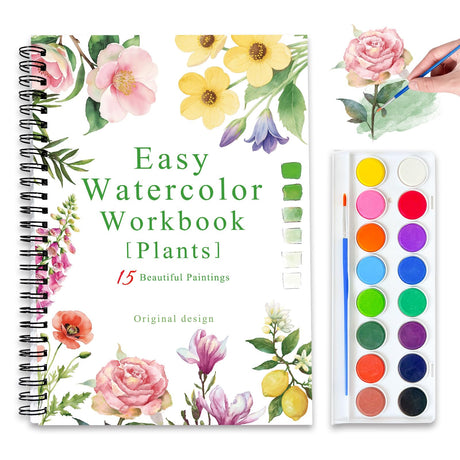 Watercolor Workbooks, 16 Colors Water Color Books Paint Set for Adults, Watercolor Coloring Book for Beginners, Water Color Workbook, 15 Beautiful Paintings for Beginners (Plants) Terself