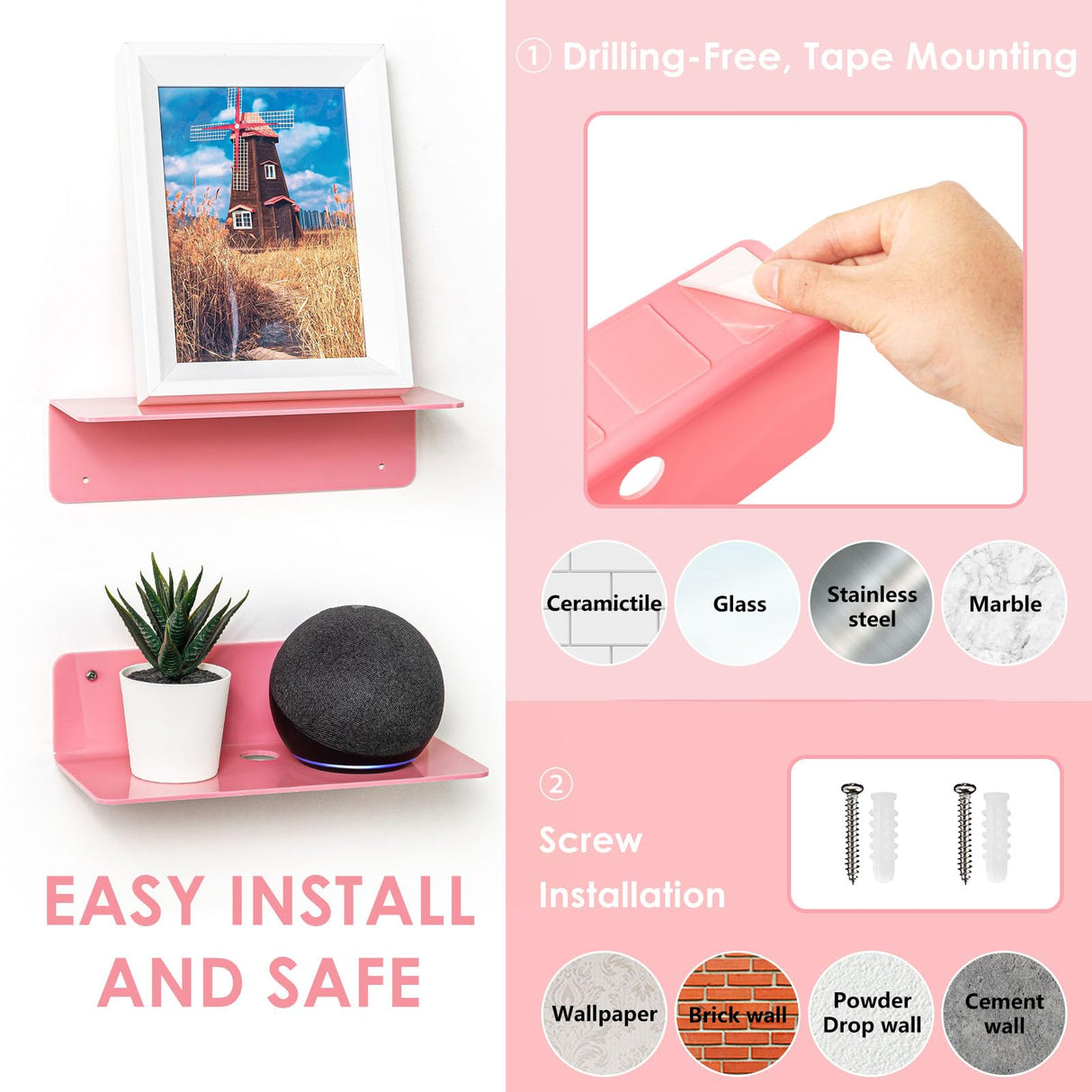 OAPRIRE Pink Acrylic Floating Shelves Set of 2 - Easily Expand Wall Space - Small Wall Shelf with Strong Adhesive for Bedroom, Kids' Room, Bathroom, etc OAPRIRE