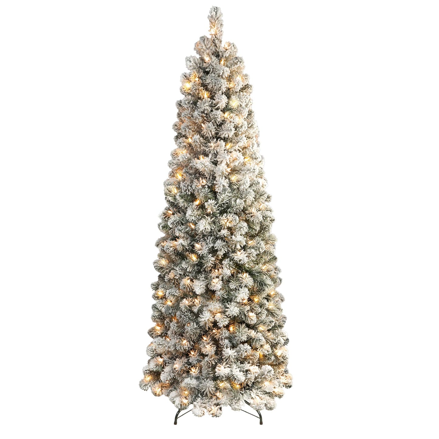 SHareconn 7.5ft Prelit Snow Flocked Artificial Hinged Slim Pencil Christmas Tree with Warm White Lights, Full Branch Tips, Perfect Choice Decoration for Xmas Holiday, 7.5 FT, Flocked Green