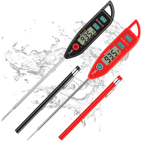 BOMATA 2 Pack Waterproof IPX7 Meat Thermometer Instant Read Food Thermometer with Long Probe for Water, Liquid, Kitchen Cooking, Grill,BBQ ! T101 X 2 Pcs (Black & Red)… BOMATA