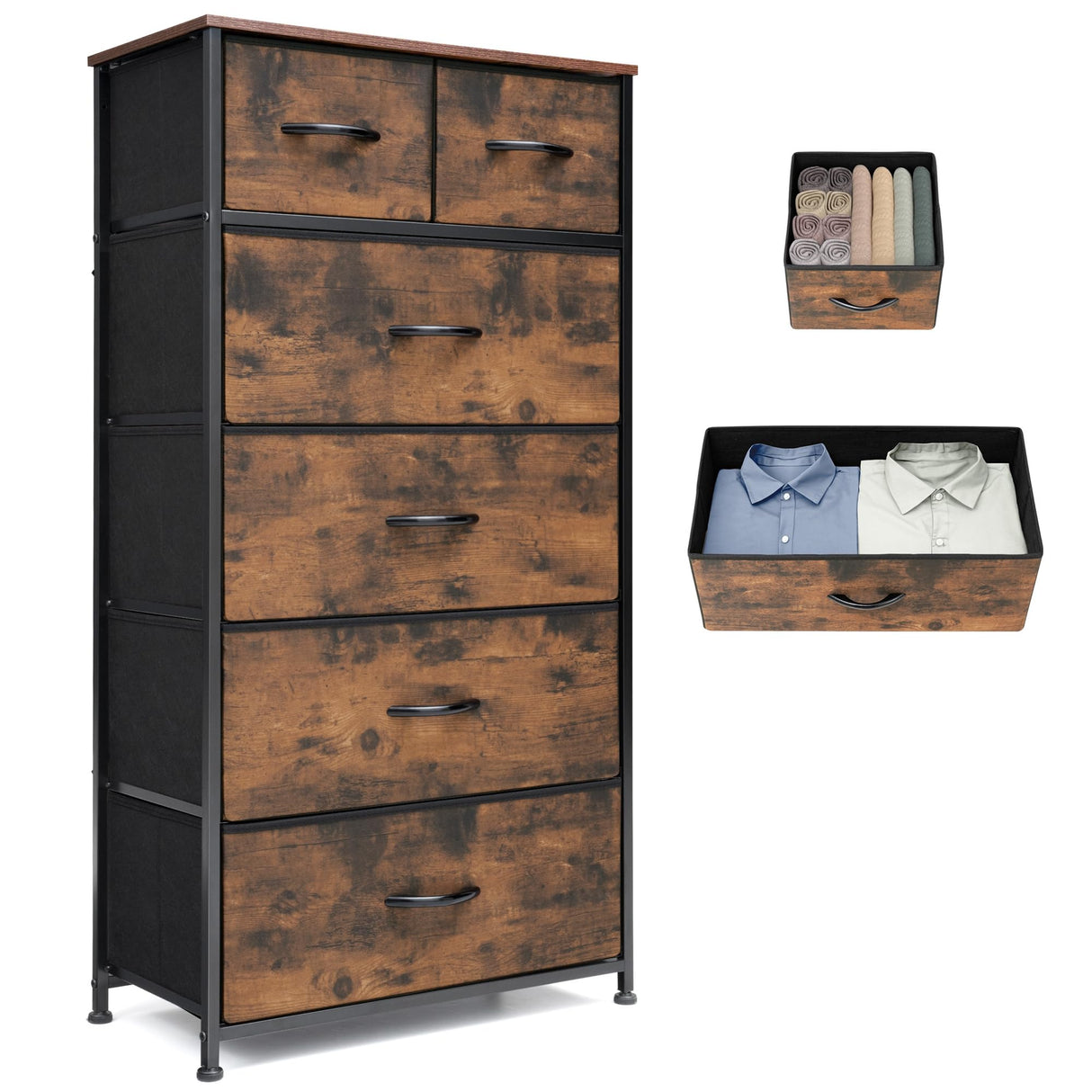 VredHom Fabric Dresser for Bedroom, Tall Skinny Dresser with 6 Drawers, Storage Organizer Tower, Steel Frame Wooden Top for Closet, Living Room, Hallway(Rustic Brown) VredHom